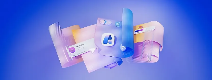 Microsoft Copilot artwork with floating translucent panels on a blue background.