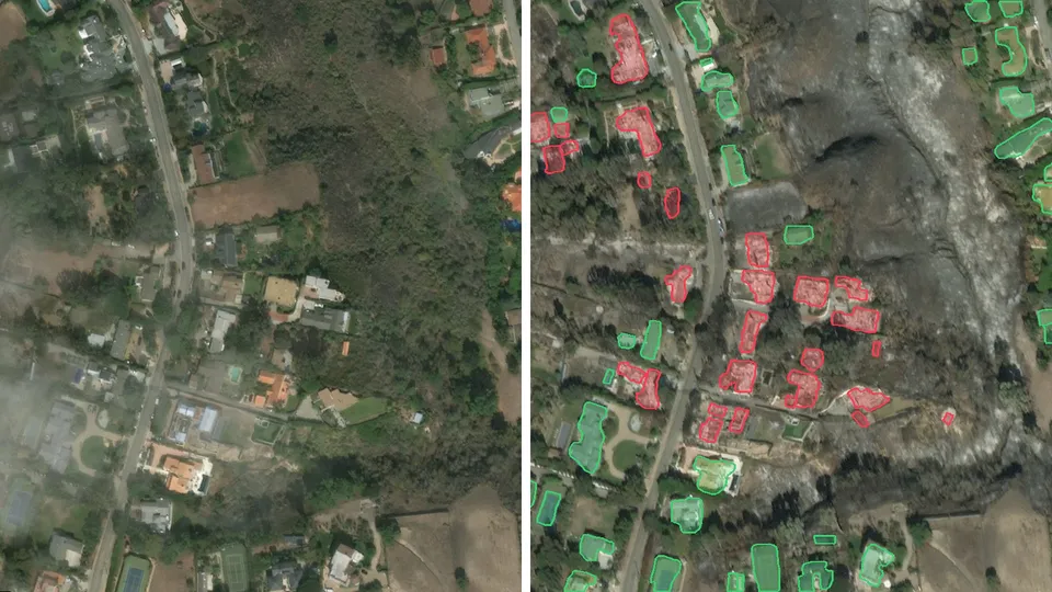 A wildfire scene before the fire, and after it with each building outlined in its predicted damage class.