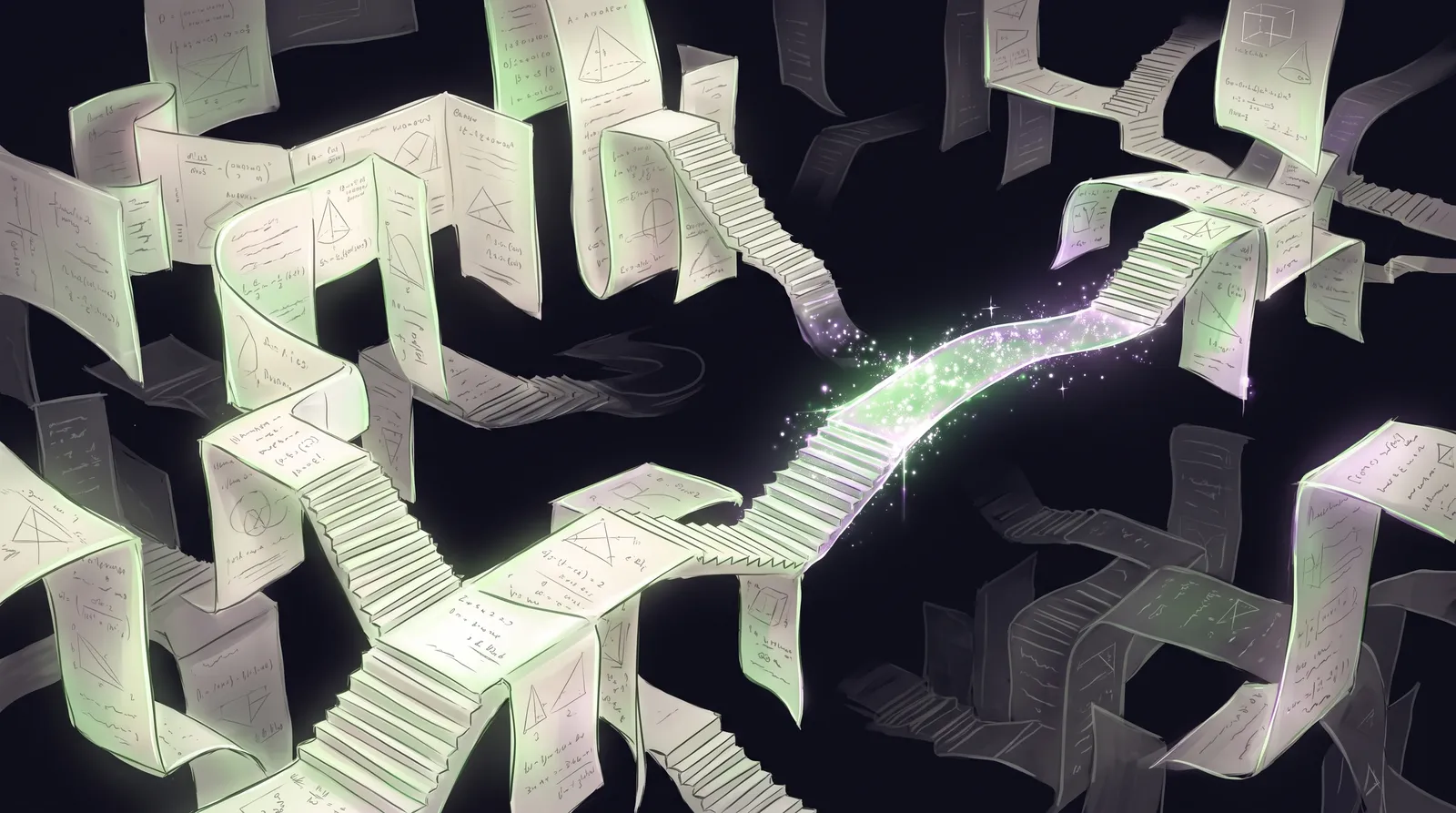 A surreal archive of folded mathematical proof-pages and impossible staircases, joined by a glowing green and violet bridge.